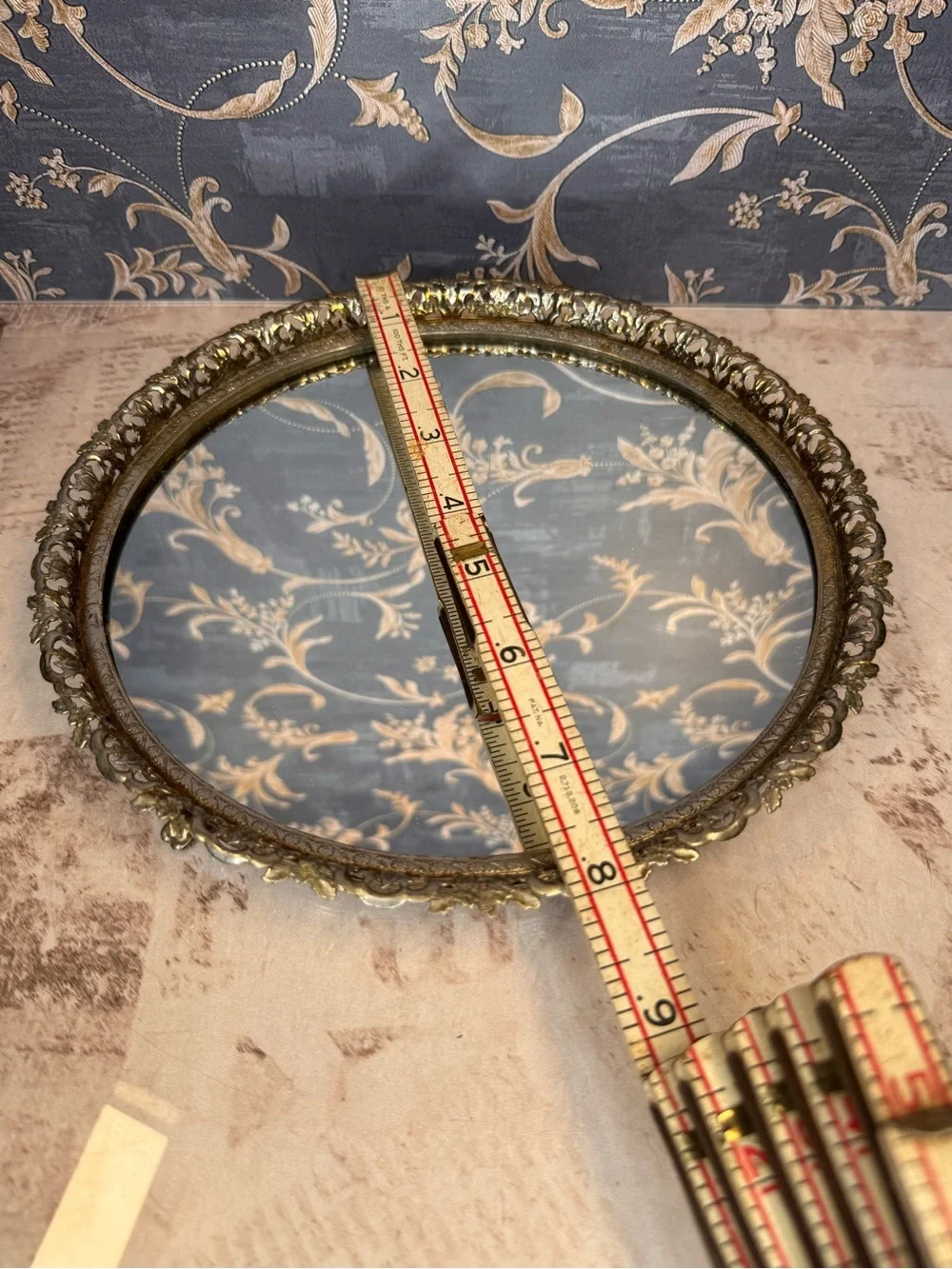 Vintage Round Gold Filigree Mirrored Vanity Tray Hollywood Regency 9 Inch